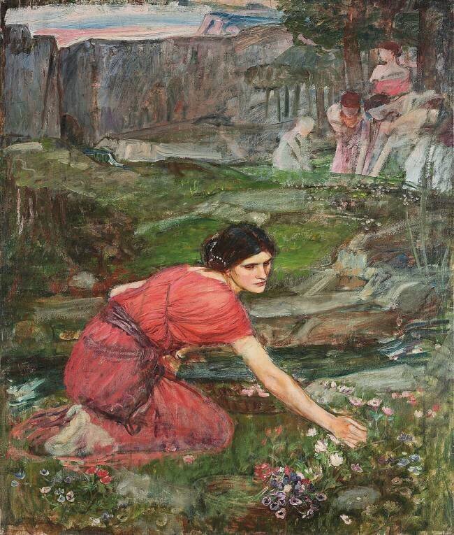 Une étude : Demoiselles cueillant des fleurs au bord d'un ruisseau John William Waterhouse