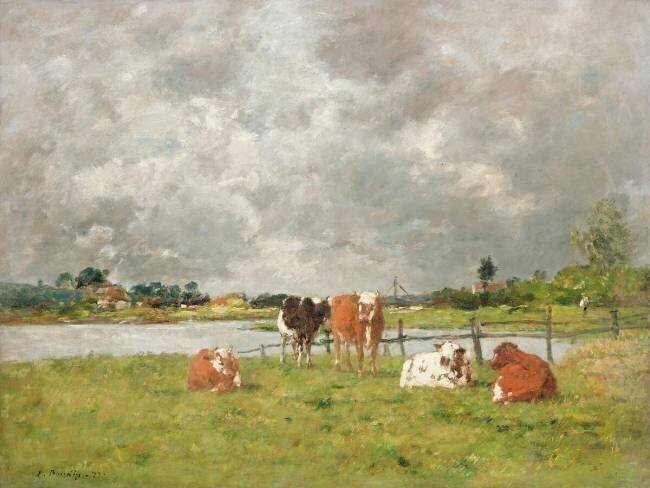 Vaches dans un champ sous un ciel orageux Eugène Boudin