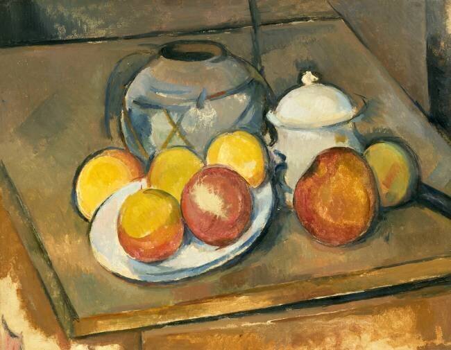 Vase paillé, sucrier et pommes Paul Cézanne
