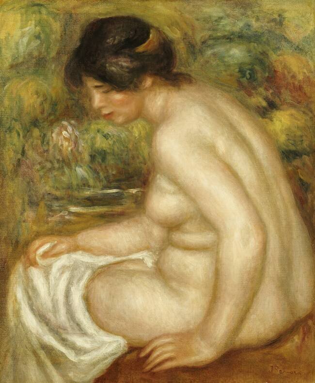 Vue latérale d'un baigneur assis Auguste Renoir