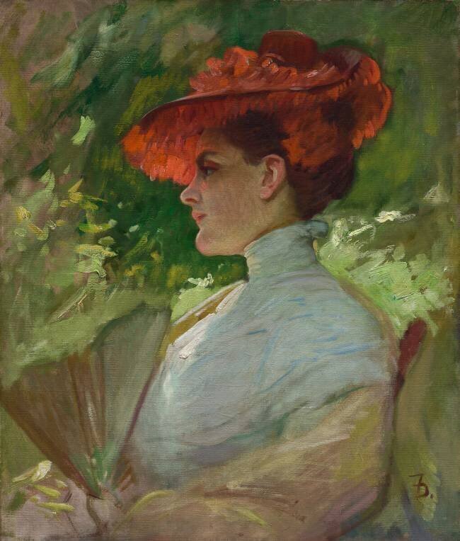 Dame au chapeau rouge (Portrait de Maggie Wilson) Frank Duveneck