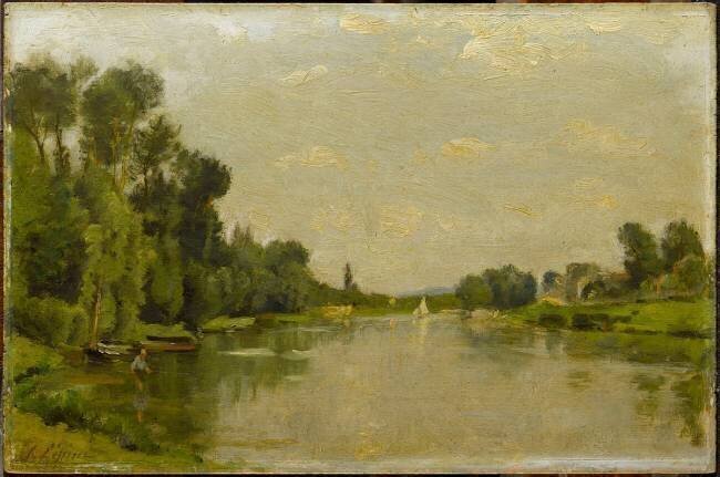 Bords de rivière au fond avec un voilier Stanislas Victor Edouard Lépine