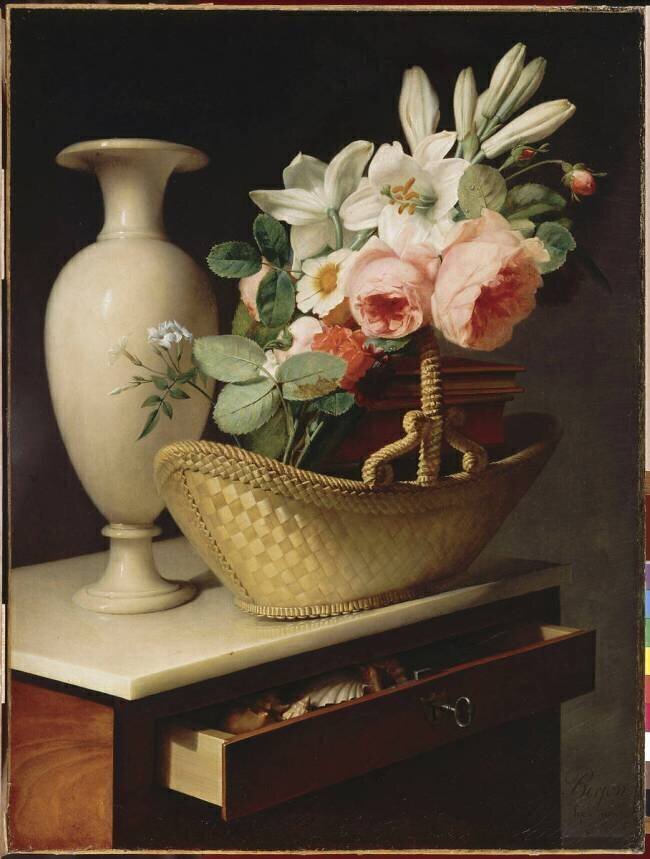 Bouquet de lis et de roses dans une corbeille posée sur une chiffonnière Antoine Berjon