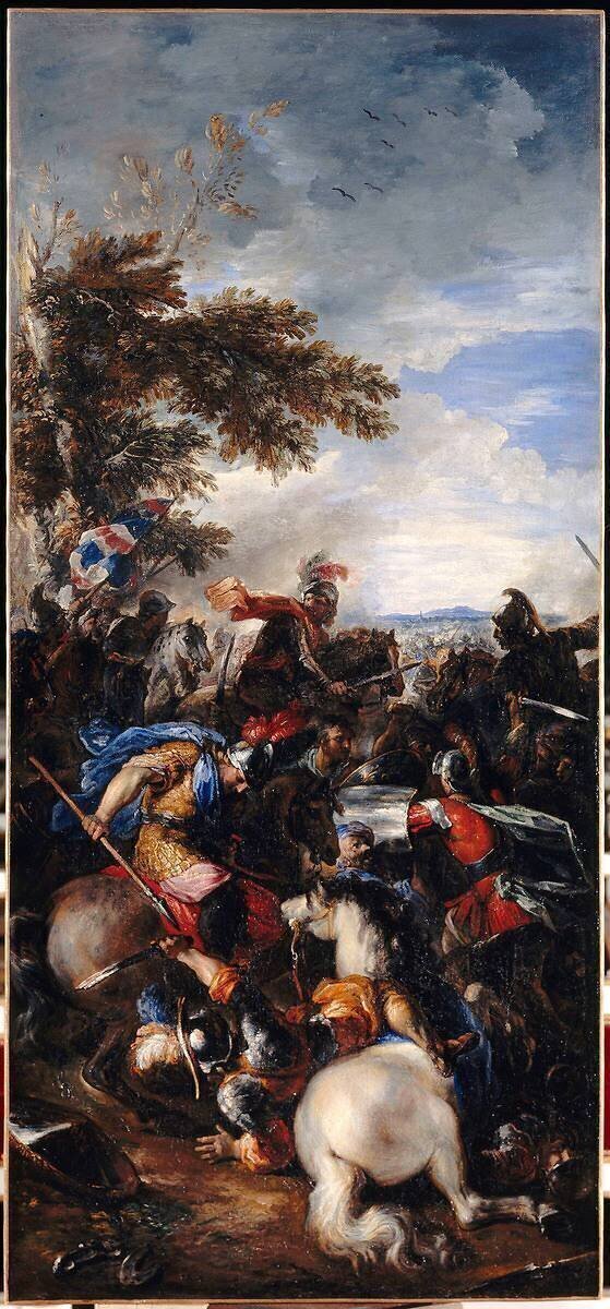 Charge de cavalerie avec cavalier renversé au premier plan Joseph Parrocel