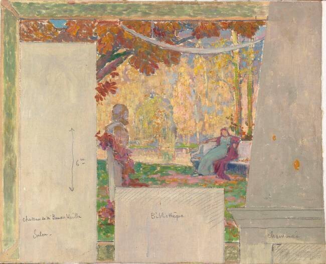 Dame assise dans un parc contemplant un buste ; l'automne, esquisse Etienne Prosper Berne-Bellecour