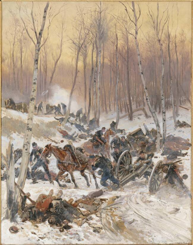 Episode de la guerre de 1870 - Combat d'artillerie dans un bois lors du siège de Paris en 1870 Edouard Detaille