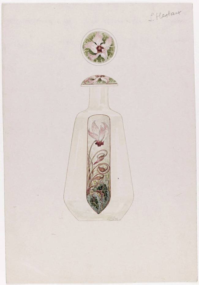 Flacon à décor de cyclamens - Bouchon vu en plan Emile Gallé