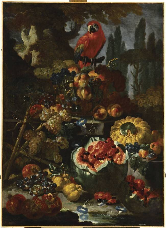 Fruits dans un jardin avec un perroquet Giovanni Paolo Castelli