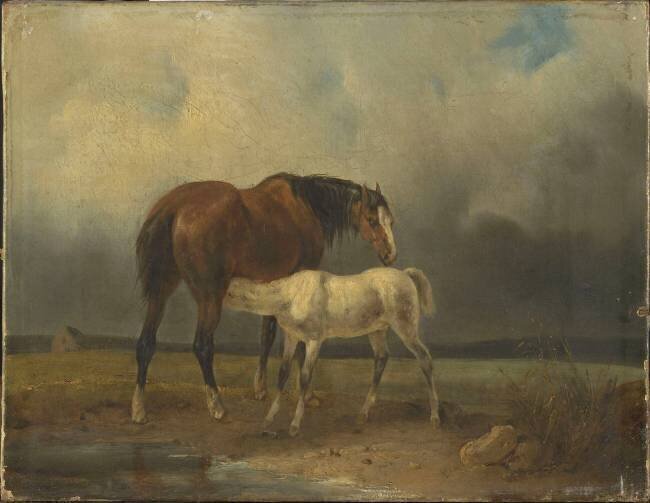 Jument et son poulain dans un paysage anonyme