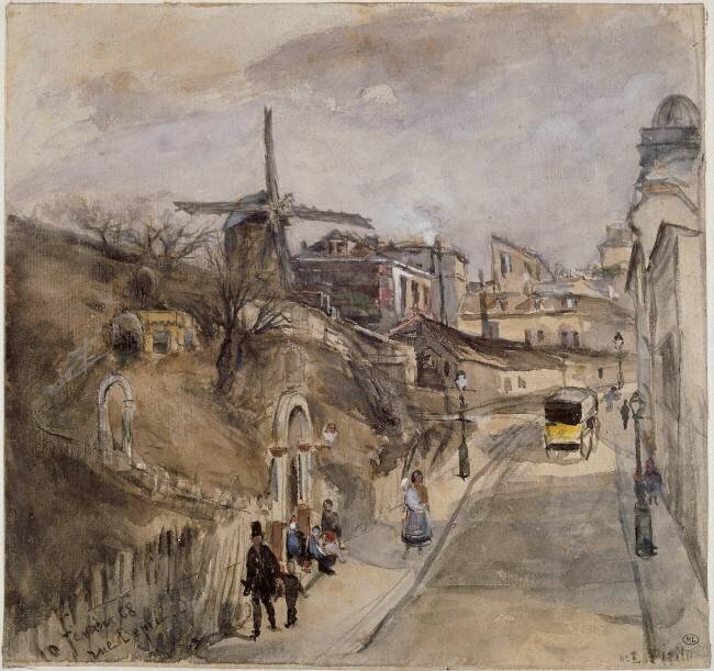 La rue Lepic à Montmartre ; à gauche, le moulin de la galette Ludovic Piette