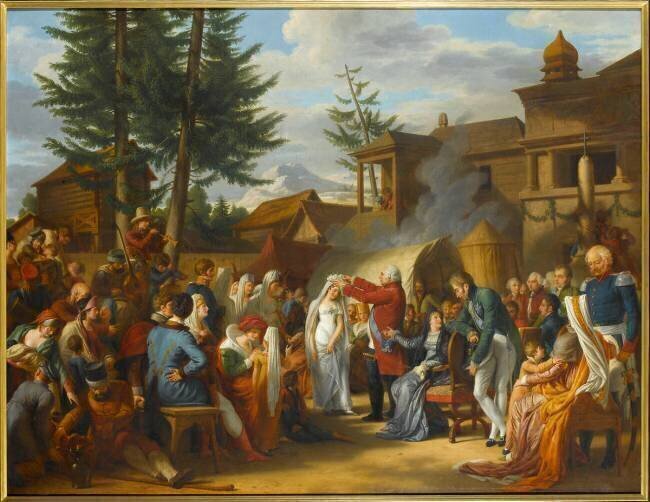 Le roi Louis XVIII en exil à Mittau y couronne la rosière, 1799 Tardieu Cochin
