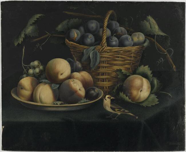 Nature morte avec prunes, pêches et un chardonneret Alexandre-Isidore Leroy de Barde