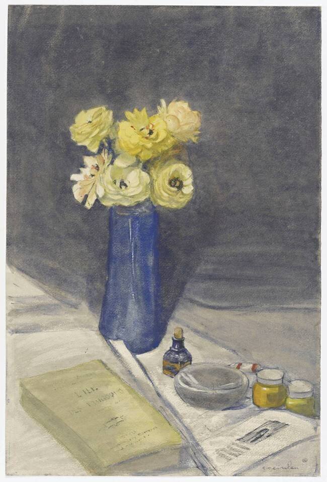 Nature morte avec un bouquet de fleurs jaunes dans un vase bleu Théophile Alexandre Steinlen