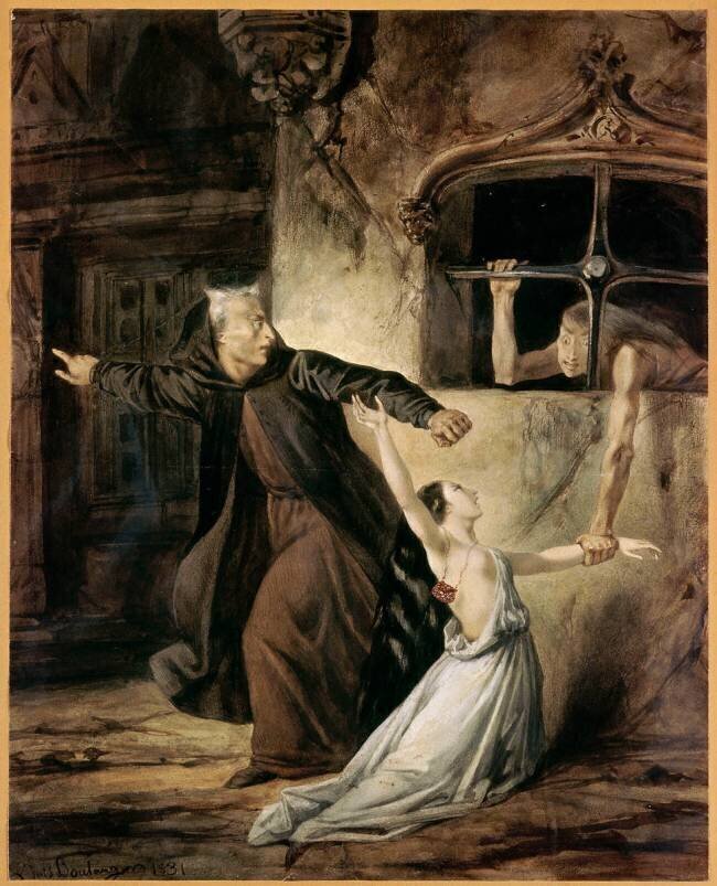 Notre Dame de Paris. La Sachette défendant la Esmeralda (livre XI, ch.I) Louis Boulanger