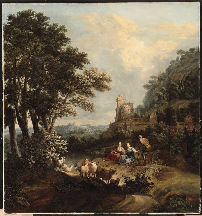 Paysage avec bergers, bergères et château dans le goût romain. Pierre-Salomon Domenchin de Chavannes