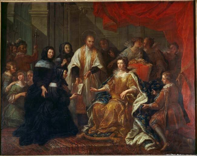 Saint Vincent de Paul devant Anne d'Autriche donnant les constitutions aux soeurs de la providence Jean André
