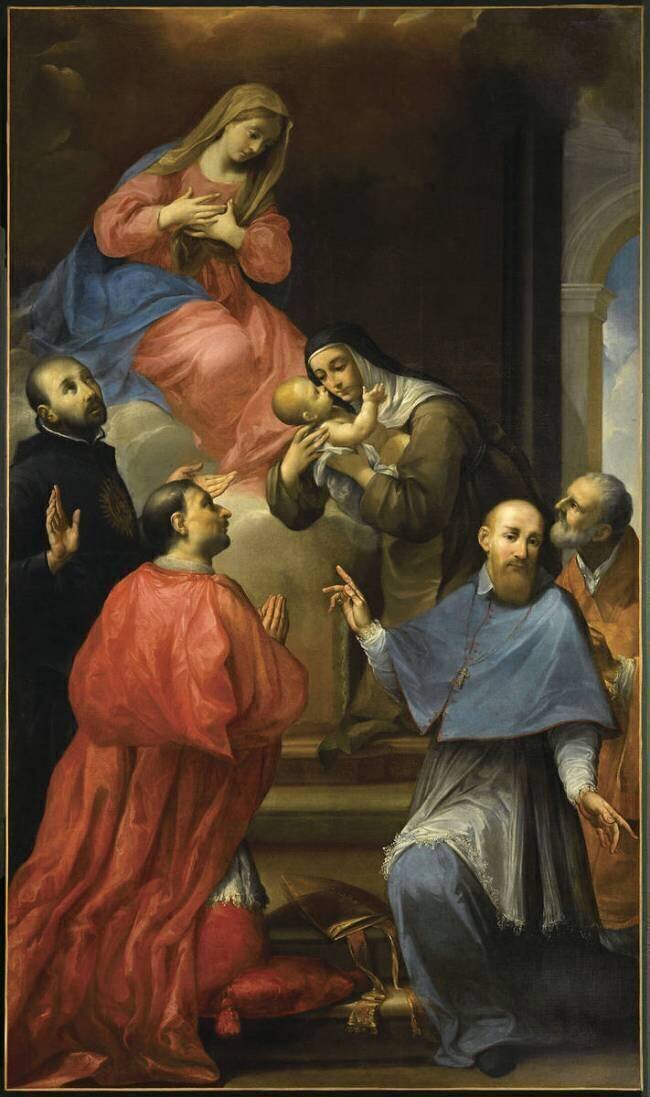 Vierge à l'Enfant avec saint Ignace de Loyola, saint Charles Borromée, saint François de Sales, saint Philippe Neri et sainte Catherine Marco Antonio Franceschini