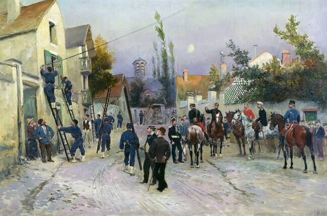 Télégraphistes en manoeuvres dans un village, en présence d'officier étrangers Edouard Detaille