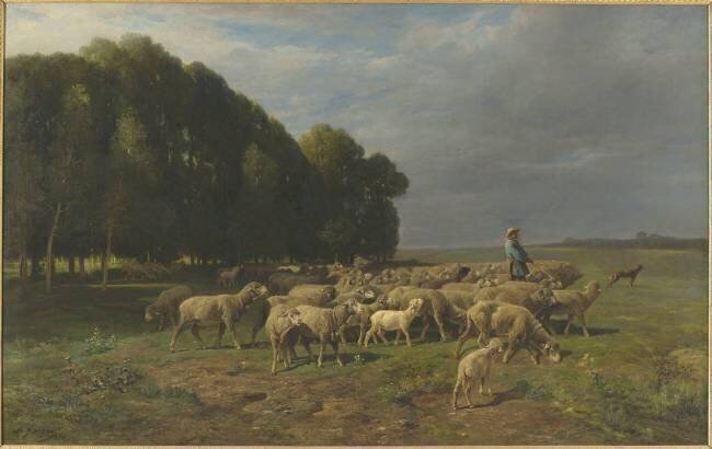 Troupeau de moutons dans un paysage dit aussi Berger conduisant un troupeau de moutons en plaine Charles Jacque