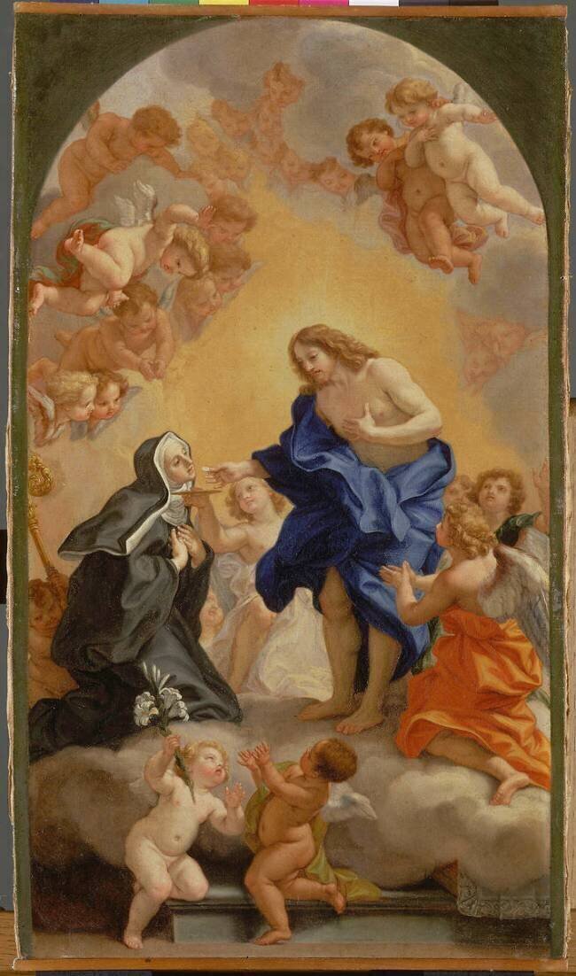 Une bienheureuse abbesse (sainte Gertrude la Grande ?) recevant la communion des mains du Christ Baciccio