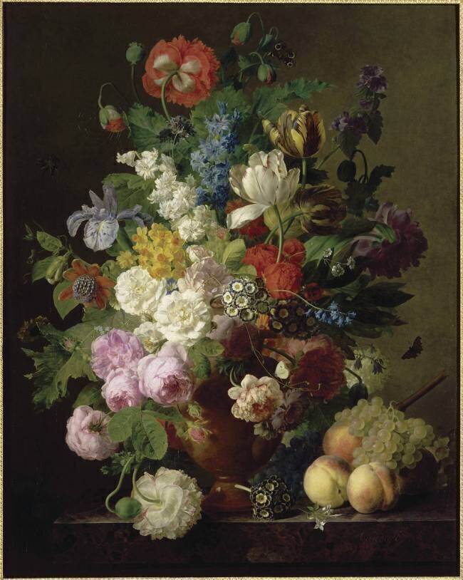 Vase de fleurs, raisins et pêches Jan Frans van Dael
