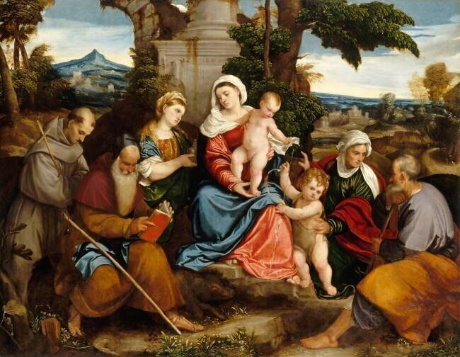 La Sainte Famille avec les saints François, Antoine, Madeleine, Jean-Baptiste et Elisabeth Bonifazio Veronese