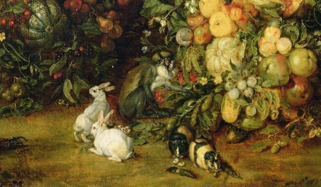 La Vierge à l'enfant dans une guirlande de fruits et de fleurs, détail d'animaux Jan Brueghel l'Ancien