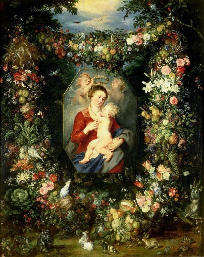 La Vierge et l'enfant dans une guirlande de fruits et de fleurs Jan Brueghel l'Ancien