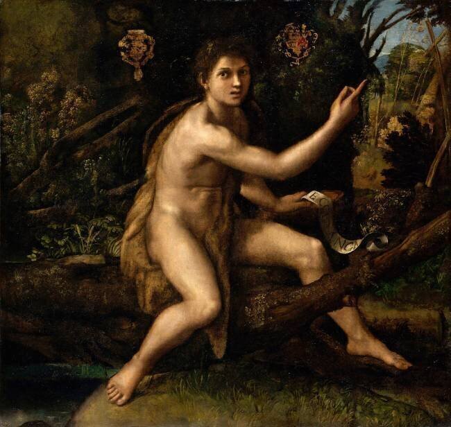 Saint Jean-Baptiste dans le désert désignant la croix de la Passion Raffaello