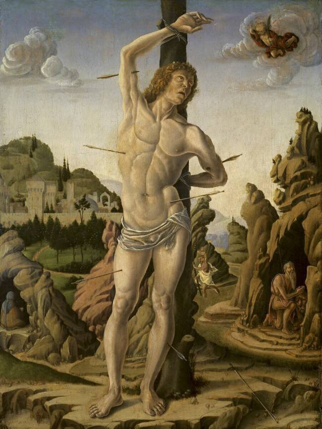 Saint Sébastien dans un paysage rocheux avec les saints Jérôme Marco Zoppo