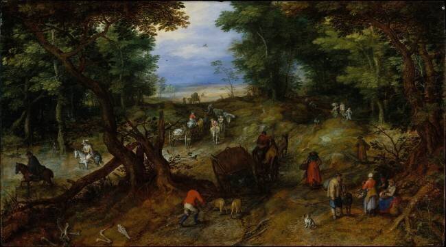 Une route boisée avec des voyageurs Jan Brueghel l'Ancien