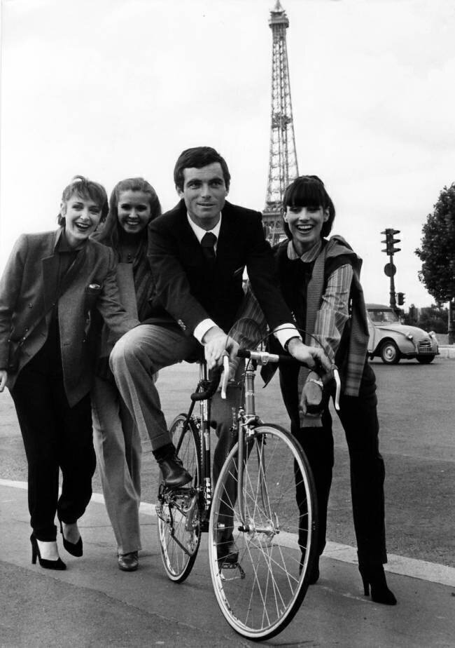 French Cyclist Bernard Hinault With 3 Models (Guy Laroche) on June 26, 1978 After He Won French Championships, Paris  (b/w photo) Rue des Archives