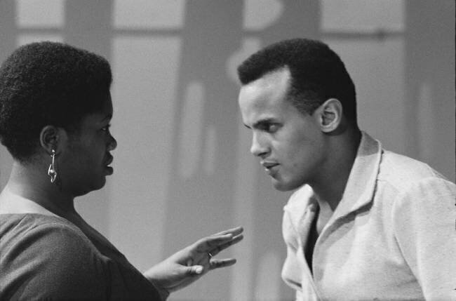 Harry Belafonte with Odetta on set of tv special Orlando Suero