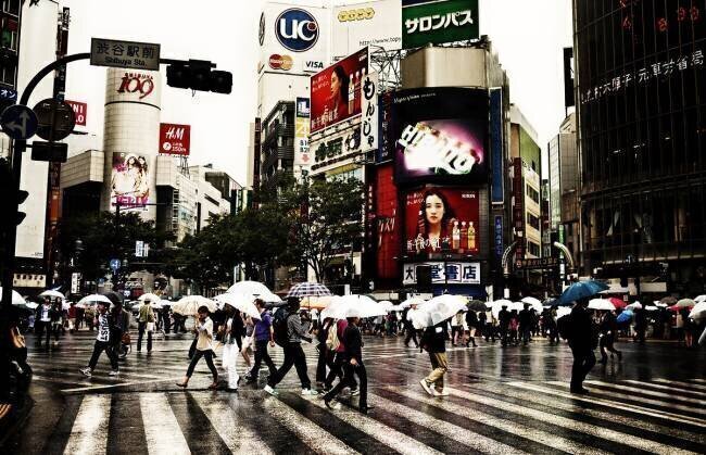 Piétons traversant une intersection très fréquentée sous la pluie, Tokyo, Japon anonyme