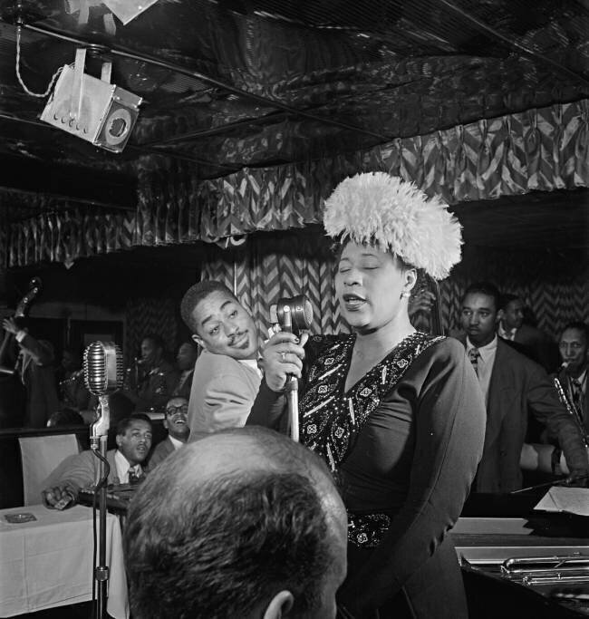 Portrait of Ella Fitzgerald, Dizzy Gillespie, Ray Brown, Milton, Jackson, and Timmie Rosenkrantz, Downbeat, New Yorkt William Gottlieb