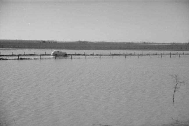 Untitled photo, possibly related to: The Bessie Levee augmented with sand bags during the 1937 flood near Tiptonville, Tennessee Walker Evans