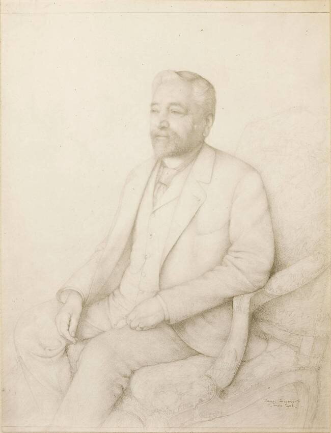 Dessin au crayon par James Lignier : Gustave Eiffel est assis dans un fauteuil anonyme