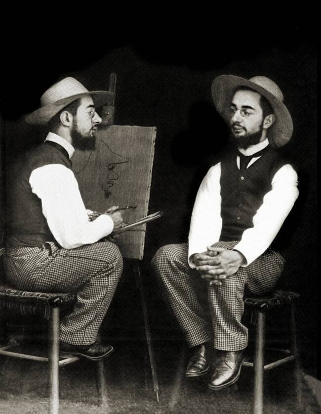 Photomontage representant le peintre Henri de Toulouse-Lautrec (1864-1901) faisant son autoportrait. anonymous