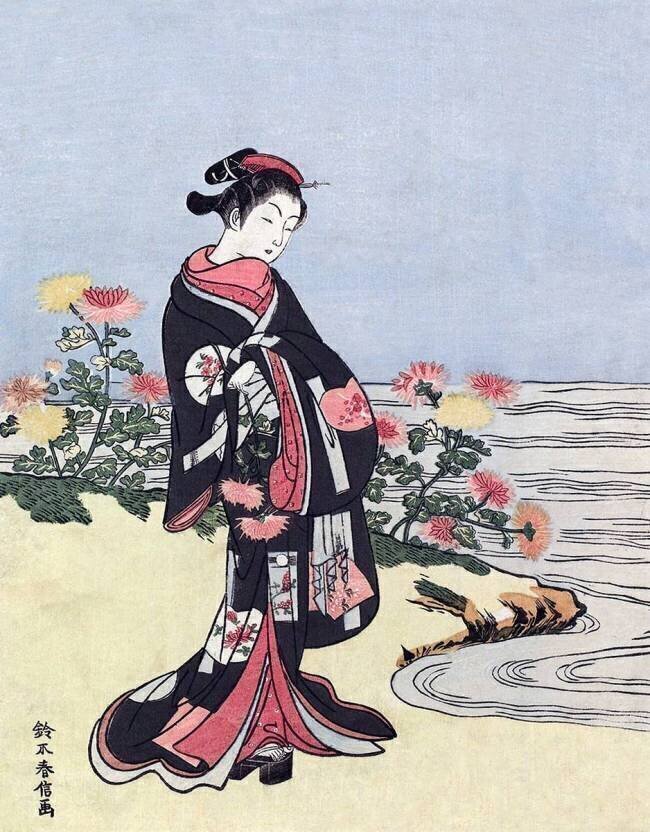 A beauty with chrysanthemums by a river bank Suzuki Harunobu
