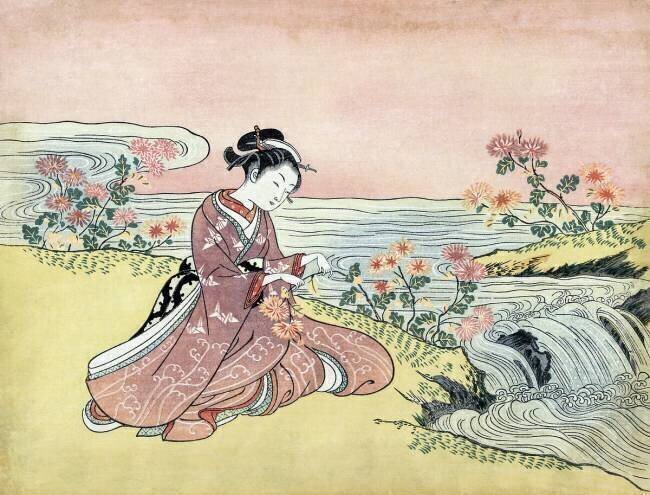 A Bijin or beautiful woman picking flowers by a river Suzuki Harunobu