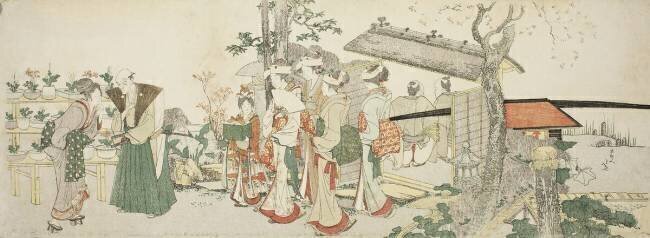 A Group of Young Women Entering the Garden of a Horticulturist Hokusai