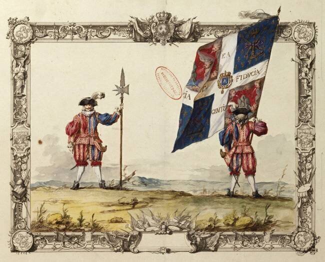 Cent Suisses du Roy : soldat avec hallebarde et porte étendard Jacques-Antoine Delaistre