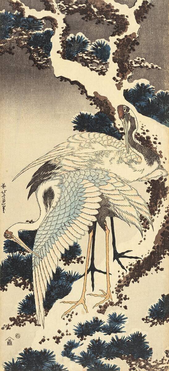 Cranes on a snowy tree Hokusai