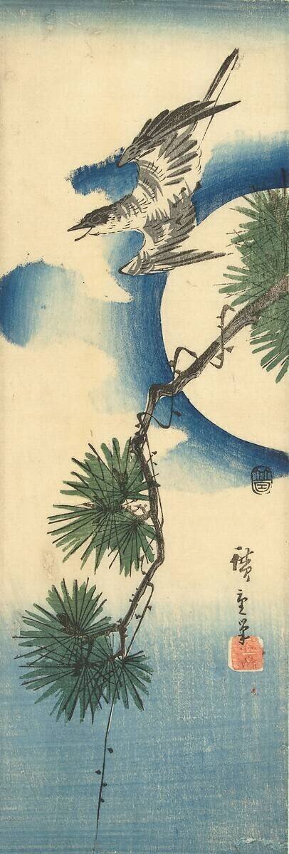 Cuckoo by pine branch and full moon Hiroshige