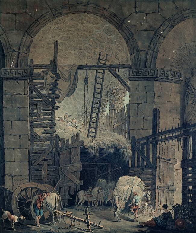 Ecuries et granges dans des ruines antiques Hubert Robert
