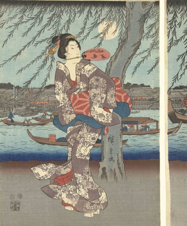 Enjoying an evening breeze at Ryogoku Bridge Hiroshige