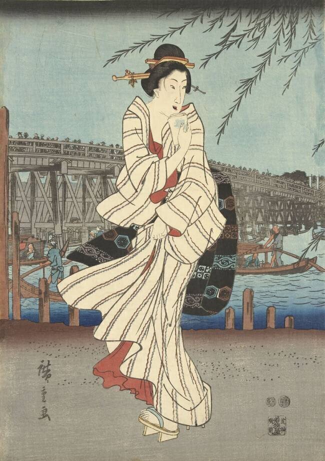 Enjoying an evening breeze at Ryogoku Bridge Hiroshige