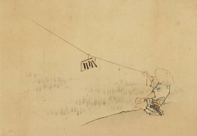 Farmer Flying Kite with Bird Clapper Hokusai