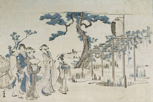 Ladies Visiting the Wisteria Gardens at Kameido Hokusai