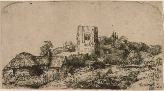 Le paysage à la Tour carrée ; 3 ème état Rembrandt